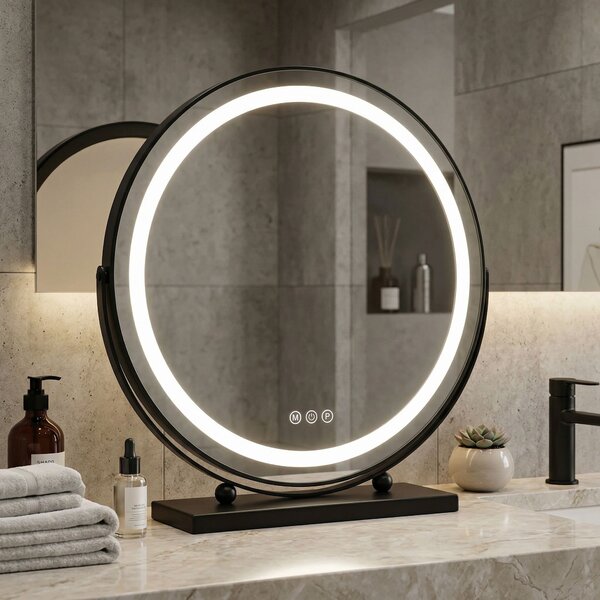 Rea Make-Up, LED okrúhle kozmetické zrkadlo na postavenie 50 cm, čierna, HOM-12022