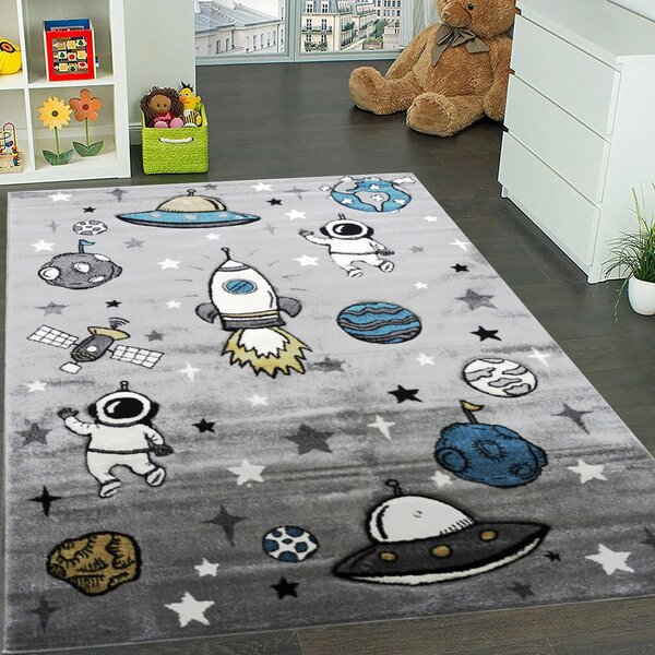 BE Detský koberec Smart Kids 22924 GREY – sivý obdĺžnikový, vesmír Rozmer: 140x190 cm