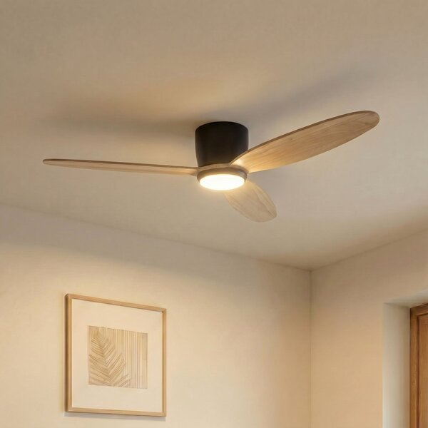 Stropný ventilátor Lignia LED, čierny/drevo, CCT, stmievateľné, Ø 132 cm, DC – Lucande, Lignia, stmievateľné, Drevo, Obývacia izba, Drevo, Škandinávsky