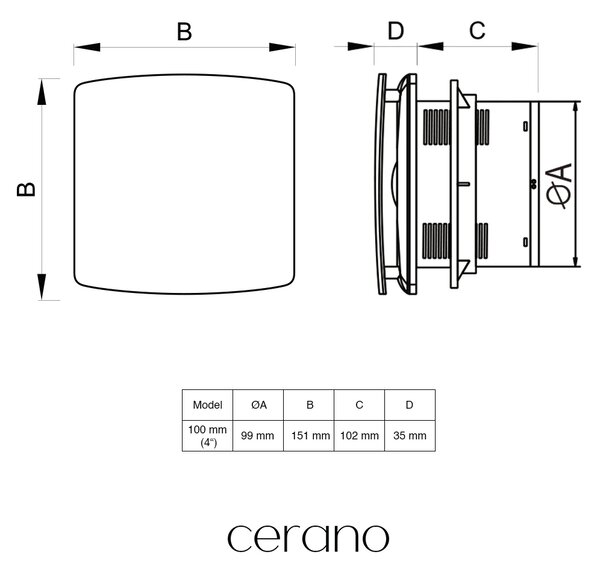 CERANO - Kúpeľňový axiálny hranatý ventilátor - 12W, potrubie 100mm - čierna matná
