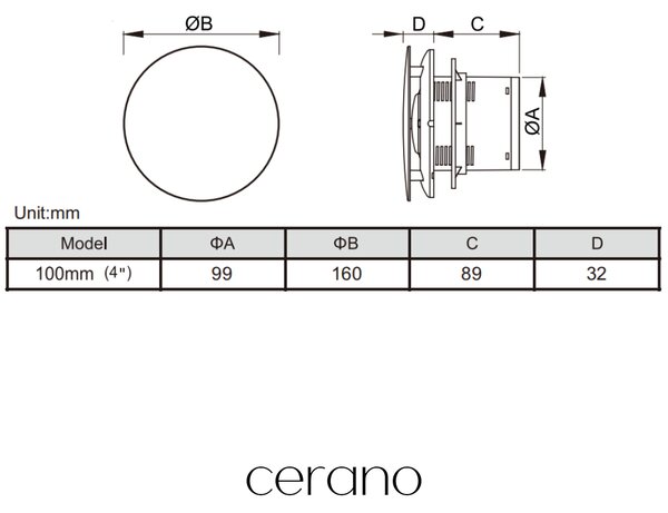 CERANO - Kúpeľňový axiálny okrúhly ventilátor - 12W, potrubie 100mm - biela lesklá