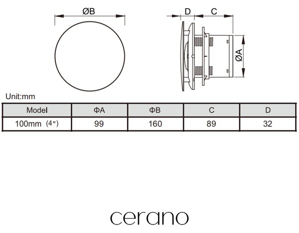 CERANO - Kúpeľňový axiálny okrúhly ventilátor - 12W, potrubie 100mm - čierna matná