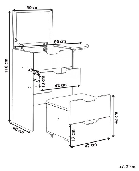 Toaletný stolík biely MDF so zrkadlom a stoličkou 2 zásuvky kozmetické zrkadlo minimalistický štýl spálňa
