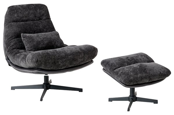 Kreslo s podnožkou čierne ženilkové čalúnenie otočný podstavec prešívané sedadlo moderný mid century štýl obývačka spálňa
