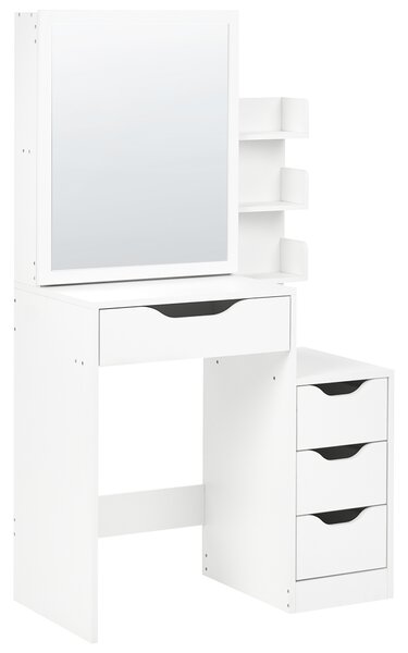 Toaletný stolík biely MDF so zrkadlom a stoličkou 4 zásuvky 3 police kozmetické zrkadlo minimalistický štýl spálňa