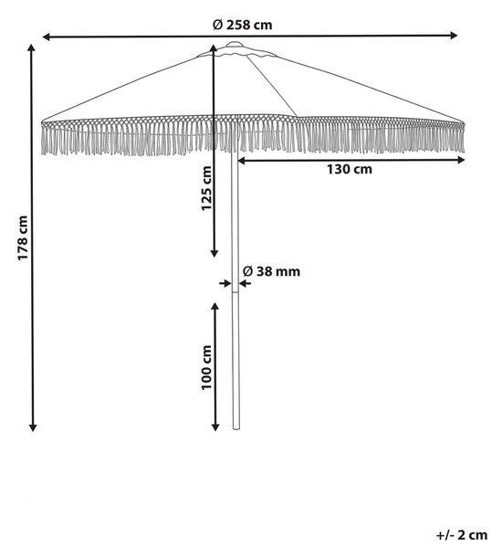 Záhradný slnečník biely tkanina ⌀ 258 cm so strapcami oceľová tyč efekt dreva štýlový moderný exteriér