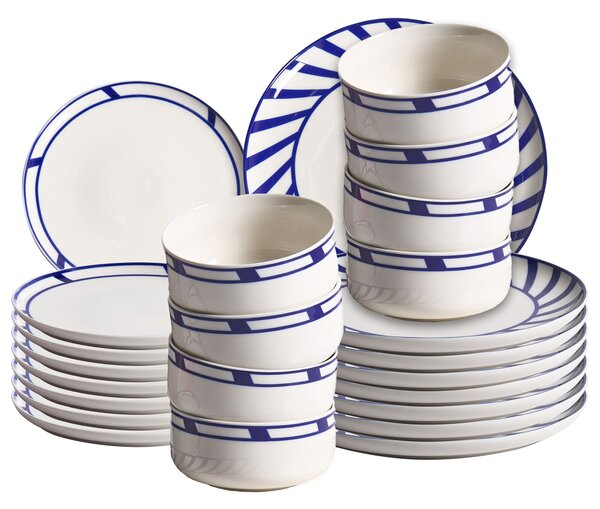 24-dielna súprava porcelánového jedálenského riadu biela s modrým okrajom glazúrovaná ručne vyrobená sada riadu jedáleň kuchyňa