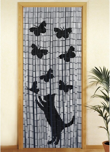 Čierno-sivý bambusový záves do dverí 200x90 cm Cat and Butterfly - Maximex