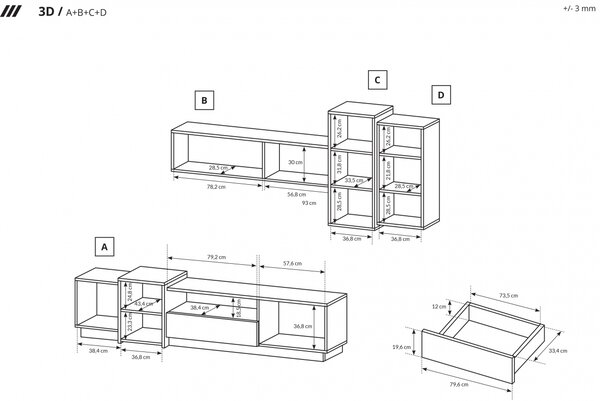PROFI obývacia stena 3D biela/dub zlatý s konferenčným stolíkom