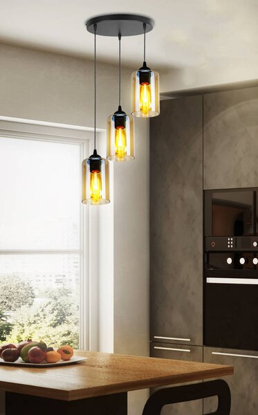 Čierno-hnedý závesný luster Bistro pre žiarovku 3x E27 s guľatou základňou – LED lustre a svietidlá > Kolekcie svietidiel > Kolekcia