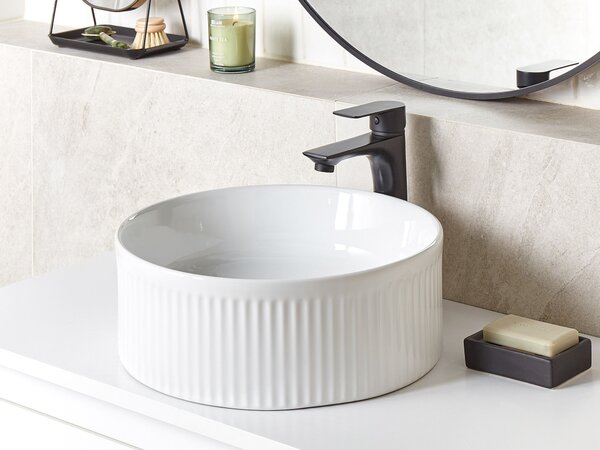 Kúpeľňové umývadlo na dosku lesklé biele keramické 37 cm okrúhle moderný štýl