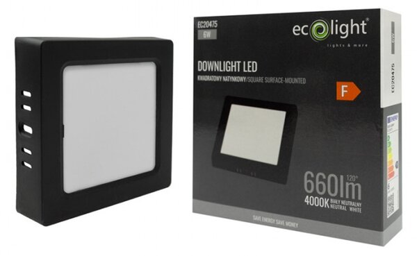 LED prisadený stropný panel – štvorec, 6 W, 660 lm, čierny