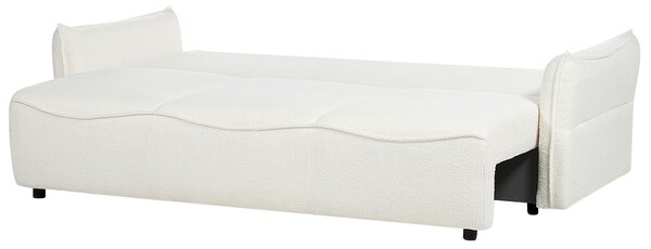 Rozkladacia pohovka biela buklé pohovka na spanie s úložným priestorom vankúše odnímateľné poťahy moderný minimalistický štýl obývačka