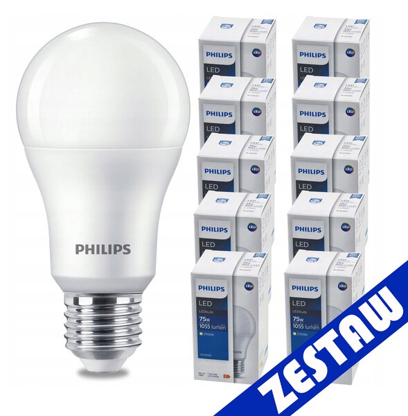 SADA 10 KS ŽIAROVEJ SVETLOSTI PHILIPS LED E27 10W = 75W 1055lm Teplá LED žiarovka 2700K