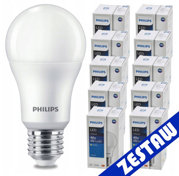SADA 10 KS LED žiaroviek PHILIPS E27 4,9W 470 lm - tepla biela