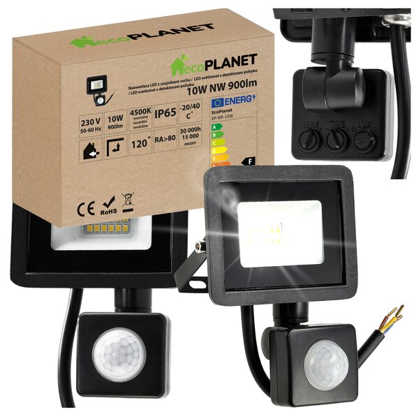 LED reflektor 10W 900lm so senzorom pohybu, súmrakový reflektor IP65