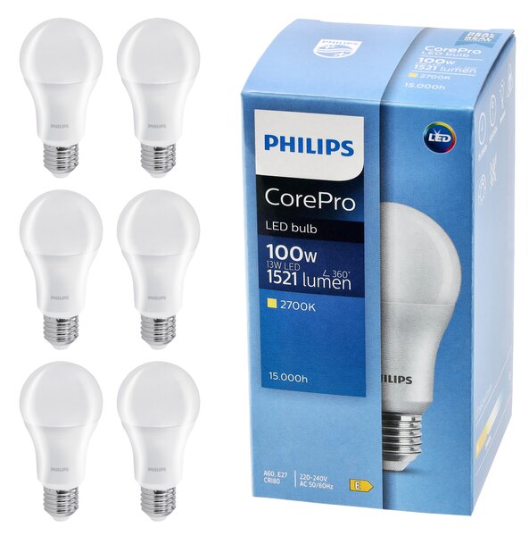 SADA 6x LED žiarovka E27 PHILIPS 13W = 100W 1521lm Farba 2700k Premium A60