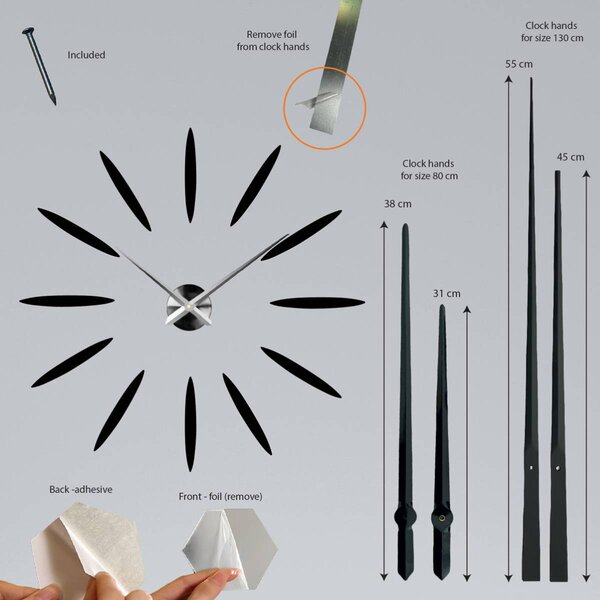 Moderné nástenné hodiny nalepovacie | SLNKO: Čierna Ral 9005 Strieborné ručičky 80 cm 3015-105681 12S050