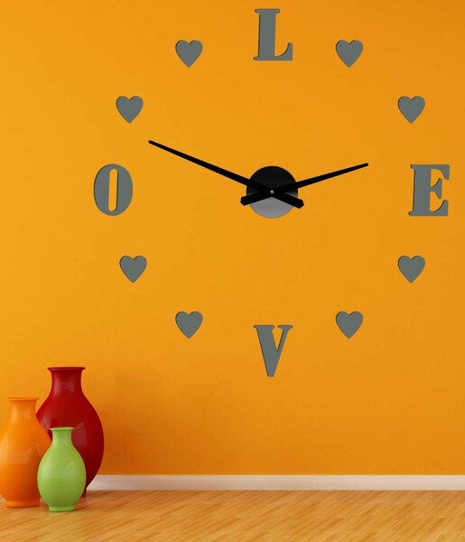 Veľké nalepovacie hodiny na stenu - LOVE: Čierna Ral 9005 Farba čierna RAL 9005 80 cm 3344-18713 12S011-Wanduhr HEU-
