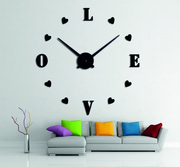 Veľké nalepovacie hodiny na stenu - LOVE: Čierna Ral 9005 Farba čierna RAL 9005 80 cm 3344-18713 12S011-Wanduhr HEU-