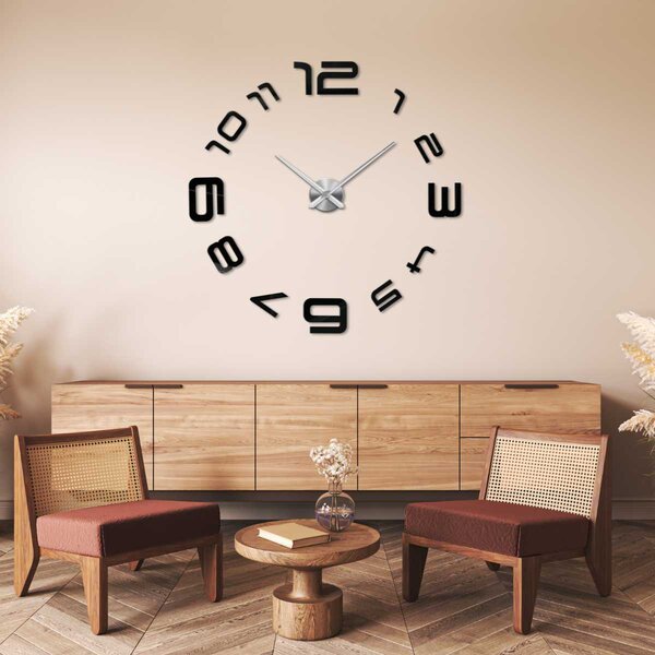 3D nástenné nalepovacie hodiny - ARES: Zrkadlo SILVER Farba čierna RAL 9005 80 cm 3391-104163 12S008