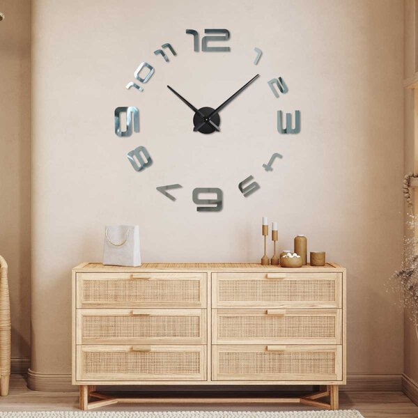 3D nástenné nalepovacie hodiny - ARES: Zrkadlo SILVER Farba čierna RAL 9005 80 cm 3391-104163 12S008