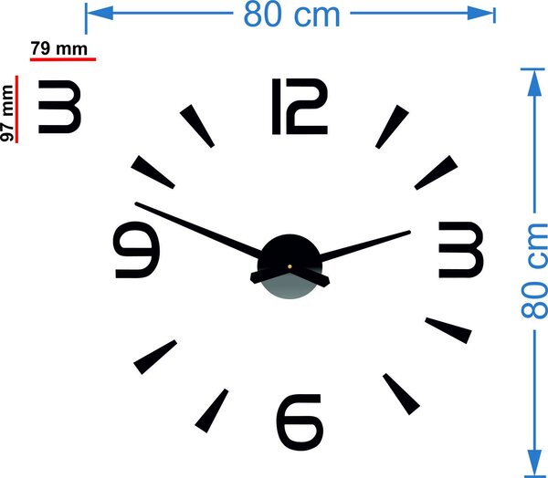3D Nástenne hodiny nalepovacie - STOREE: Čierna Ral 9005 Čierne ručičky 80 cm 3482-23025 12P030 BEZ PENA BEZ PLECHU HEU-