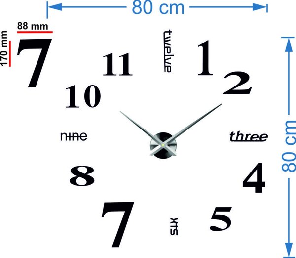 Moderné nástenné 3D hodiny | SEDMEN: Čierna Ral 9005 Čierne ručičky 80 cm 3483-23229 12P015 BEZ PENA BEZ PLECHU HEU+
