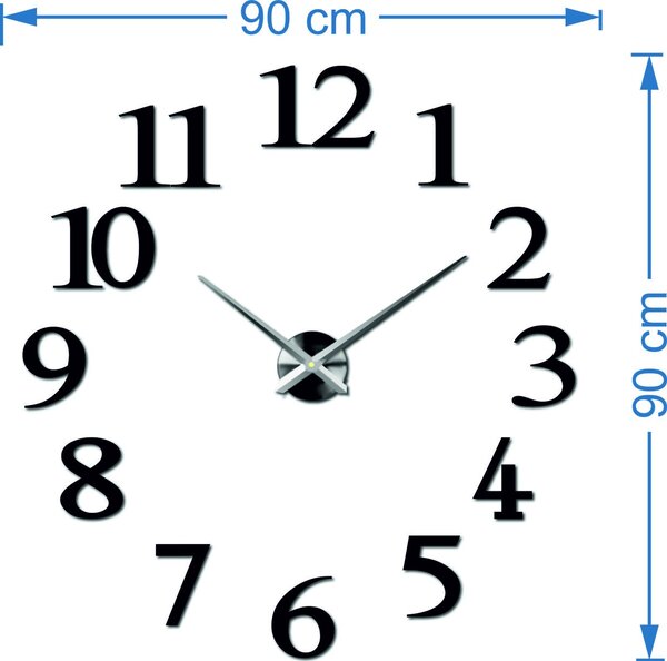 Moderné nástenné hodiny samolepka - CREVER: Čierna Ral 9005 Čierne ručičky 80 cm 3486-23501 X0066 BEZ PENA BEZ PLECHU HEU-