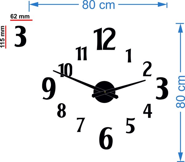 Nalepovacie nástenné hodiny | DAVOS: Čierna Ral 9005 Čierne ručičky 80 cm 3520-24761 12P024-Wall clock HEU-