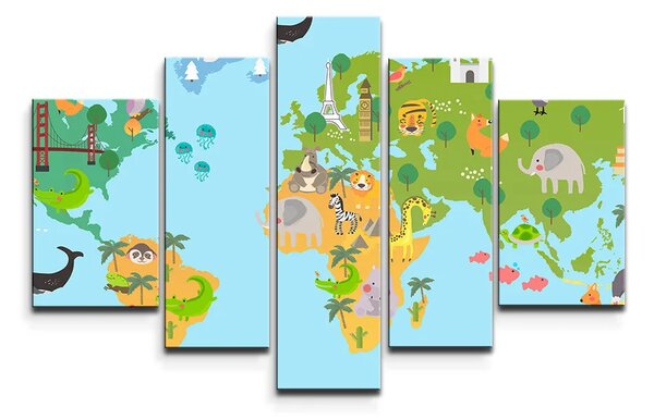 Sablio Obraz - 5-dílný Zvieracia mapa sveta - 125x90 cm