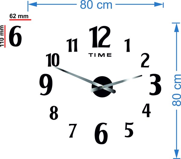 Nlepovacie hodiny na stenu - CARLOS 2D: Čierna Ral 9005 Čierne ručičky 80 cm 3556-25329 12P035-Wall clock