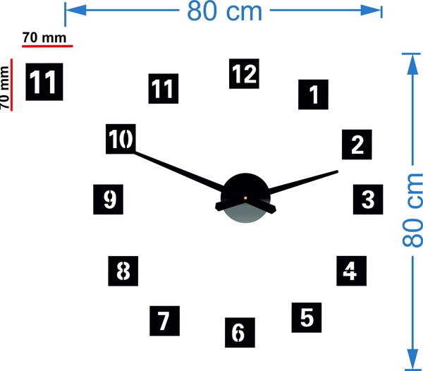 Nástenné hodiny štvorcové - QVARDO: Čierna Ral 9005 Čierne ručičky 80 cm 3607-27808 12P019-PLEXI HEU-