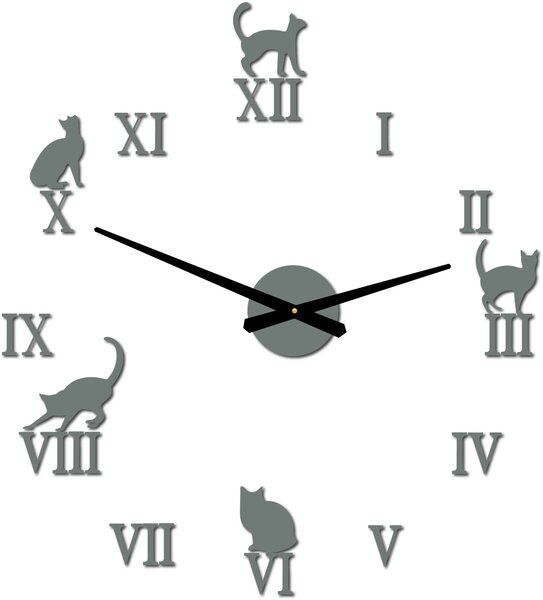 Nalepovacie hodiny na stenu mačky - DIY CAFORD: Čierna Ral 9005 Čierne ručičky 80 cm 3707-33361 12P020 2D CLOCK HEU-