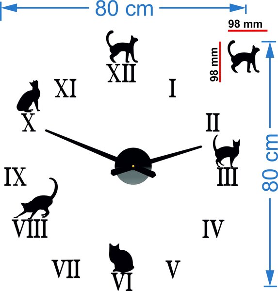 Nalepovacie hodiny na stenu mačky - DIY CAFORD: Čierna Ral 9005 Čierne ručičky 80 cm 3707-33361 12P020 2D CLOCK HEU-