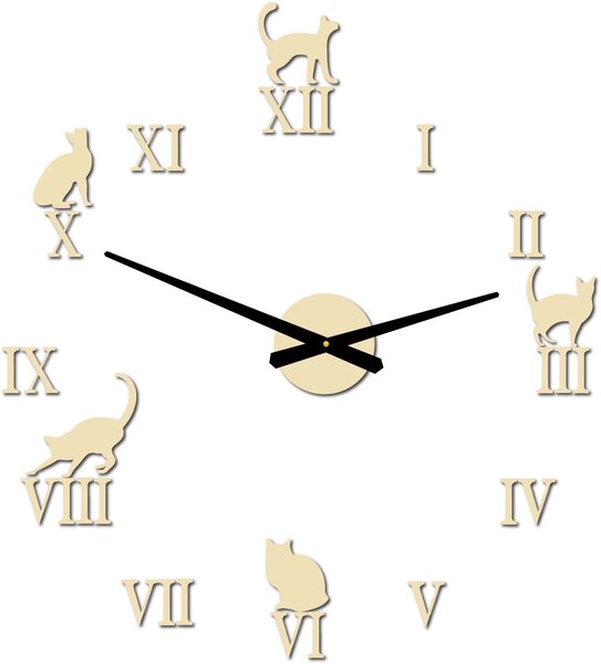 Nalepovacie hodiny na stenu mačky - DIY CAFORD: Čierna Ral 9005 Čierne ručičky 80 cm 3707-33361 12P020 2D CLOCK HEU-