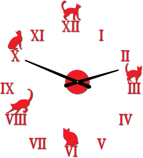Nalepovacie hodiny na stenu mačky - DIY CAFORD: Čierna Ral 9005 Čierne ručičky 80 cm 3707-33361 12P020 2D CLOCK HEU-