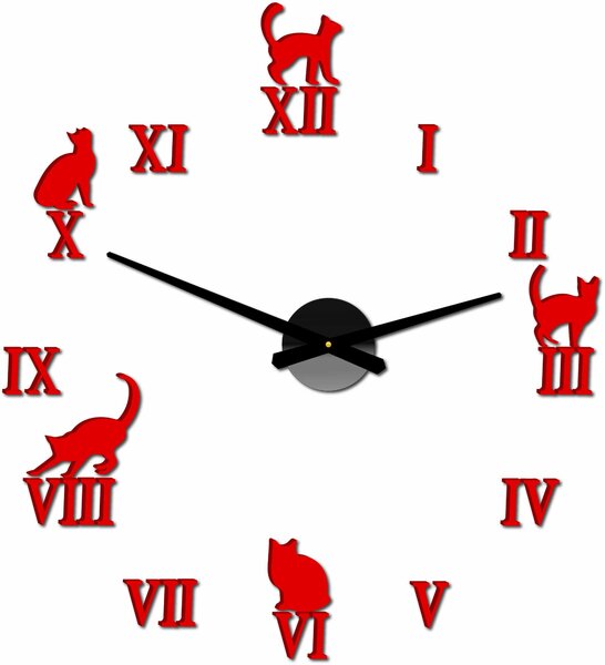 Nalepovacie hodiny na stenu mačky - DIY CAFORD: Čierna Ral 9005 Čierne ručičky 80 cm 3707-33361 12P020 2D CLOCK HEU-