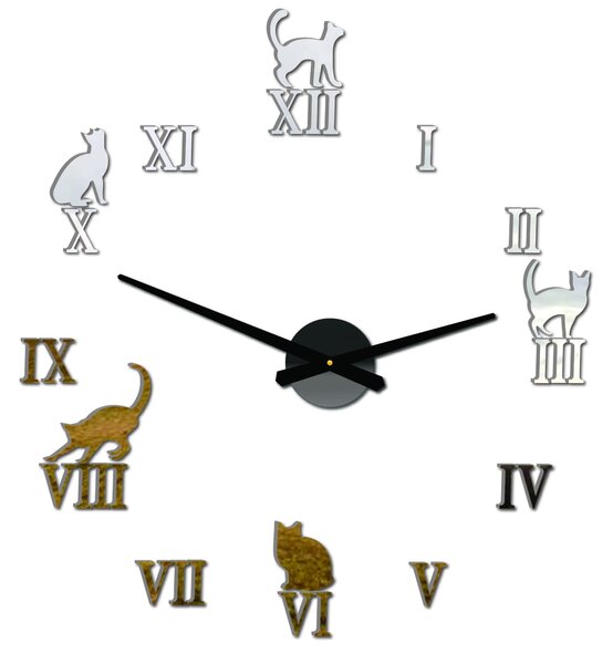 Nalepovacie hodiny na stenu mačky - DIY CAFORD: Čierna Ral 9005 Čierne ručičky 80 cm 3707-33361 12P020 2D CLOCK HEU-