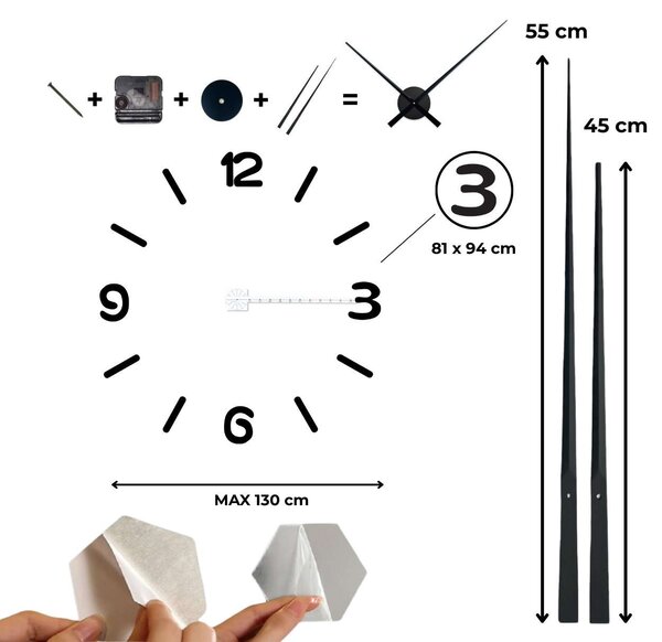 Nástenné hodiny zrkadlové velké | 3D DIY: Zrkadlo SILVER Farba čierna RAL 9005 80 cm 3710-108474 12SZ026