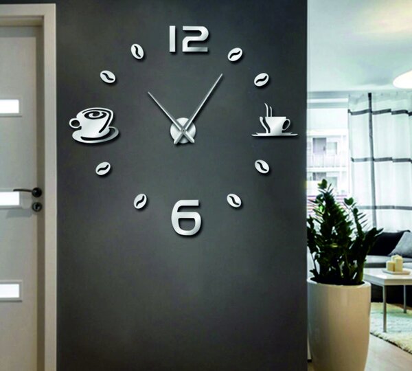 Nalepovacie hodiny na stenu | KAFFE: Čierna Ral 9005 Farba strieborná 80 cm 3729-107351 12S023