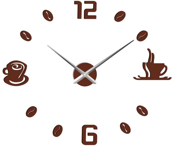 Hodiny na stenu nalepovacie káva | COFFE: Šedá kovová Ral 7005 Strieborné ručičky 3734-96012 12P023