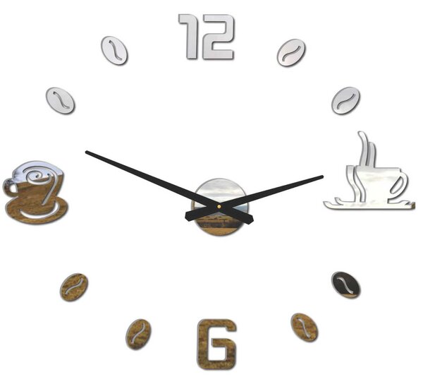 Hodiny na stenu nalepovacie káva | COFFE: Šedá kovová Ral 7005 Strieborné ručičky 3734-96012 12P023