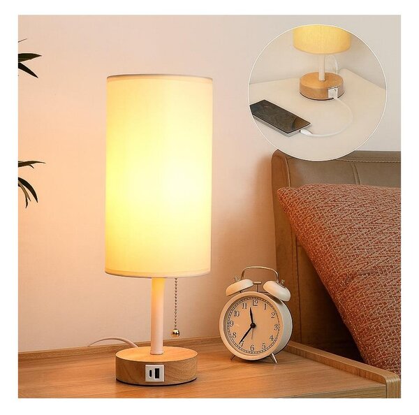 Brilagi - Stolová lampa s USB portom TABLON 1xE27/25W/230V dub/biela/krémová