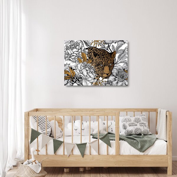 Sklenený obraz - Leopard medzi kvetmi (70x50 cm)