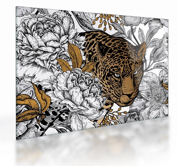 Sklenený obraz - Leopard medzi kvetmi (70x50 cm)