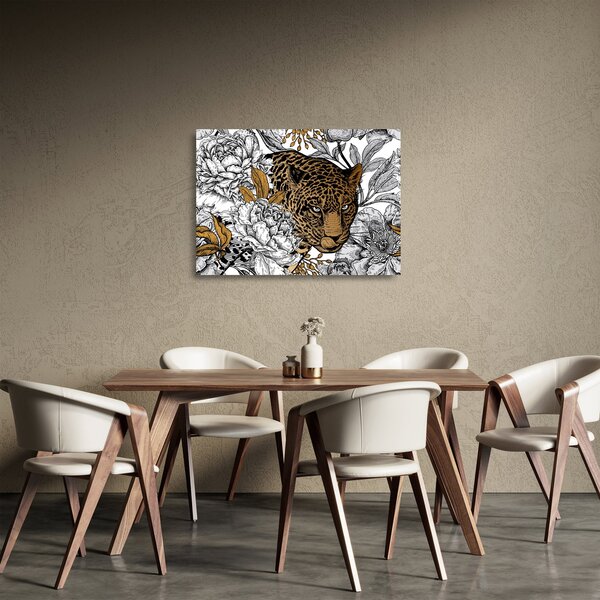 Sklenený obraz - Leopard medzi kvetmi (70x50 cm)