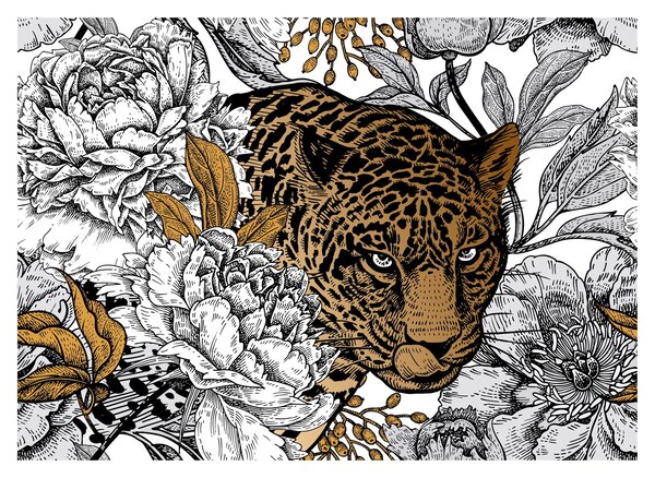 Sklenený obraz - Leopard medzi kvetmi (70x50 cm)