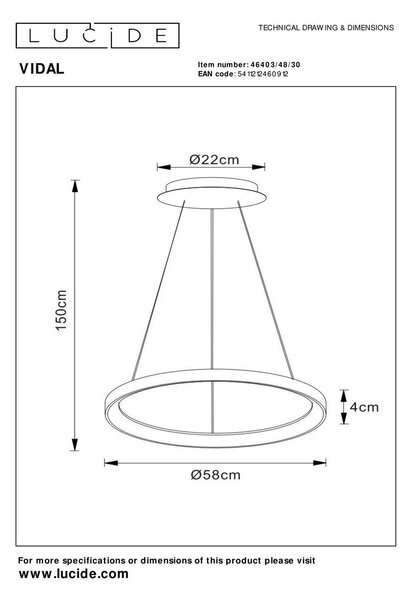 Lucide L464034830 LED závesné stropné svietidlo VIDAL | 48W integrovaný LED zdroj | 2980lm | 2700K