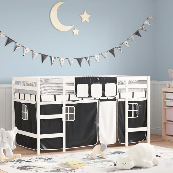 Detská vyvýšená posteľ závesy bielo-čierna 90x200 cm borovica